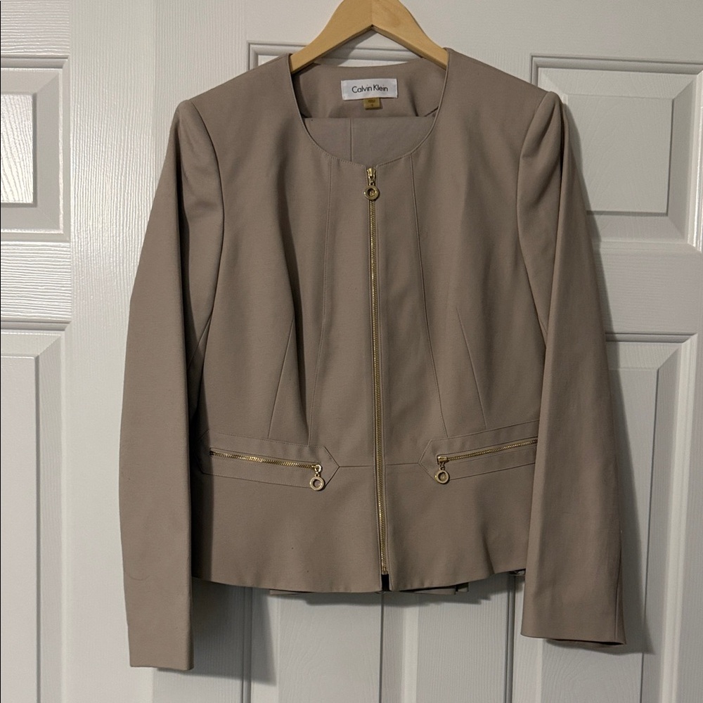 Calvin Klein Women's Beige Blazer with Gold Accents and matching pants